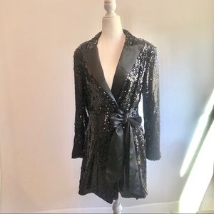 NWT Large Zara Black Sequin Romper Satin Lapels